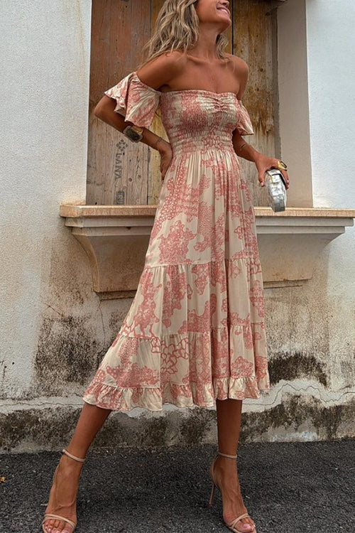 Off Shoulder Smocked Midi Dress