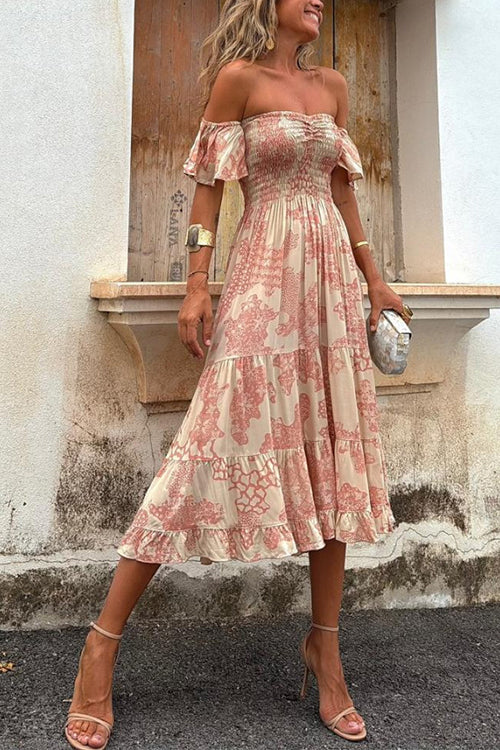 Off Shoulder Smocked Midi Dress