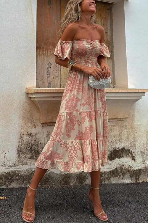 Off Shoulder Smocked Midi Dress