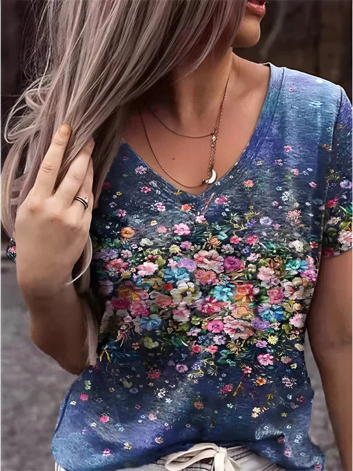 T-Shirt with V-neck and Floral Print