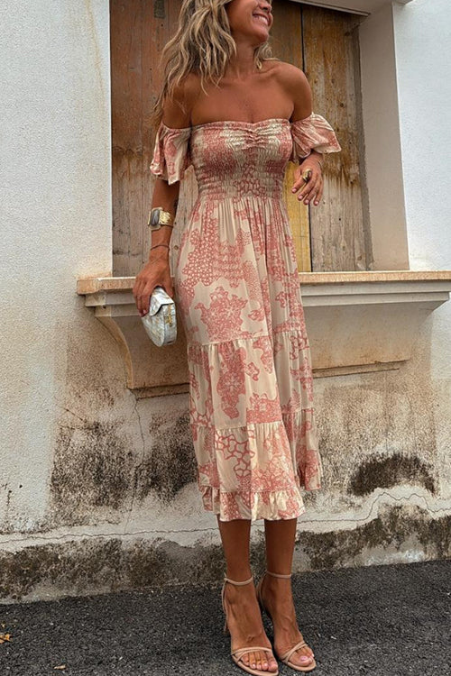 Off Shoulder Smocked Midi Dress