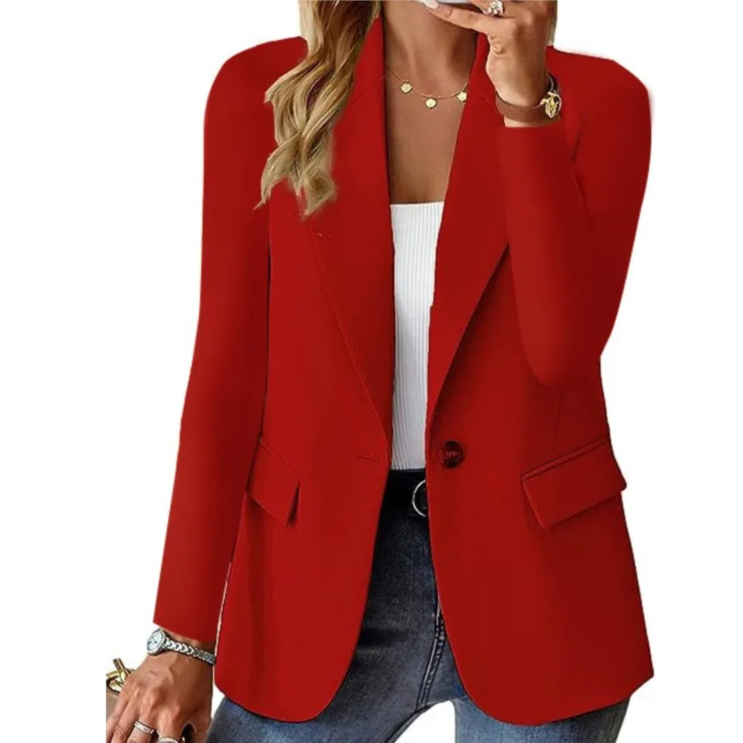 Solid Women's Blazer With Long Sleeves and Narrow Pocket Buckle