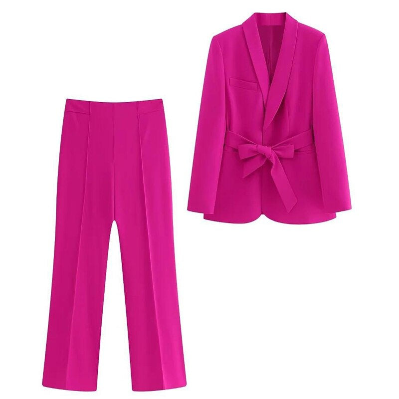 2-Piece Women's Suitelegant Blazer With Belt And Matching Trousers