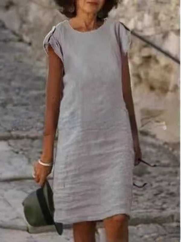 Midi dress for women in colorful cotton-linen sleeveless with round neck