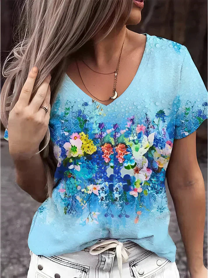 T-Shirt with V-neck and Floral Print