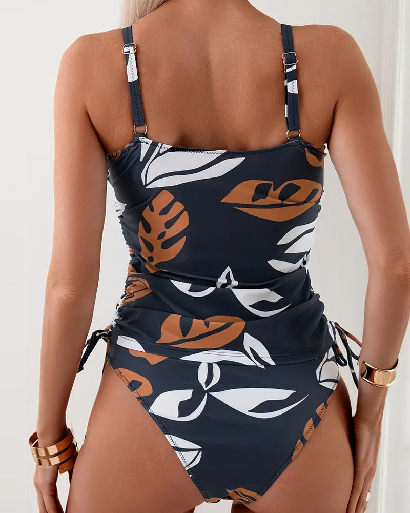 Swimsuit With Leaf Pattern And Pleats