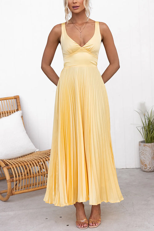 V-neck Back Cut-out Pleated Maxi Cami Dress