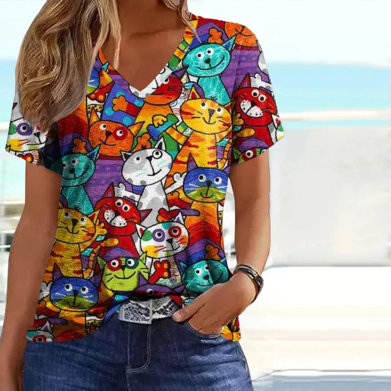 Lysse-Fashion | Comfortable T-Shirt with Colorful Cat Print for Women