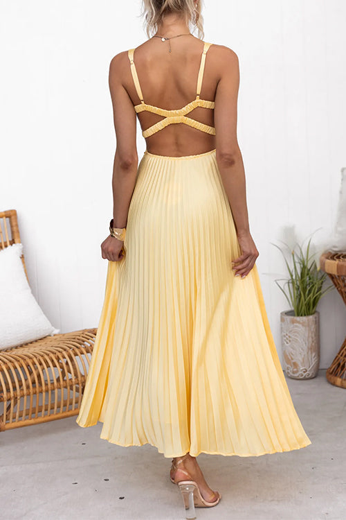 V-neck Back Cut-out Pleated Maxi Cami Dress