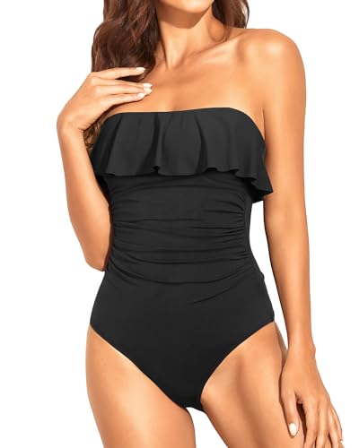 Strapless One-Piece Bikini For Women Tummy Control Bandeau Swimsuits Ruffle Slimming Swimwear