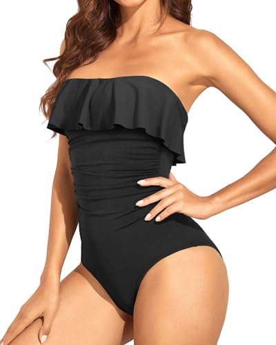 Strapless One-Piece Bikini For Women Tummy Control Bandeau Swimsuits Ruffle Slimming Swimwear