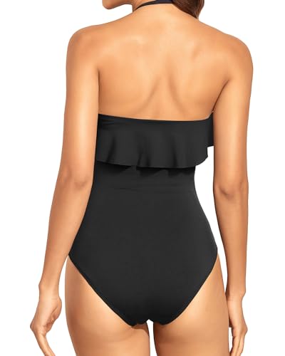 Strapless One-Piece Bikini For Women Tummy Control Bandeau Swimsuits Ruffle Slimming Swimwear