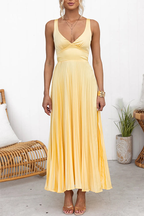 V-neck Back Cut-out Pleated Maxi Cami Dress