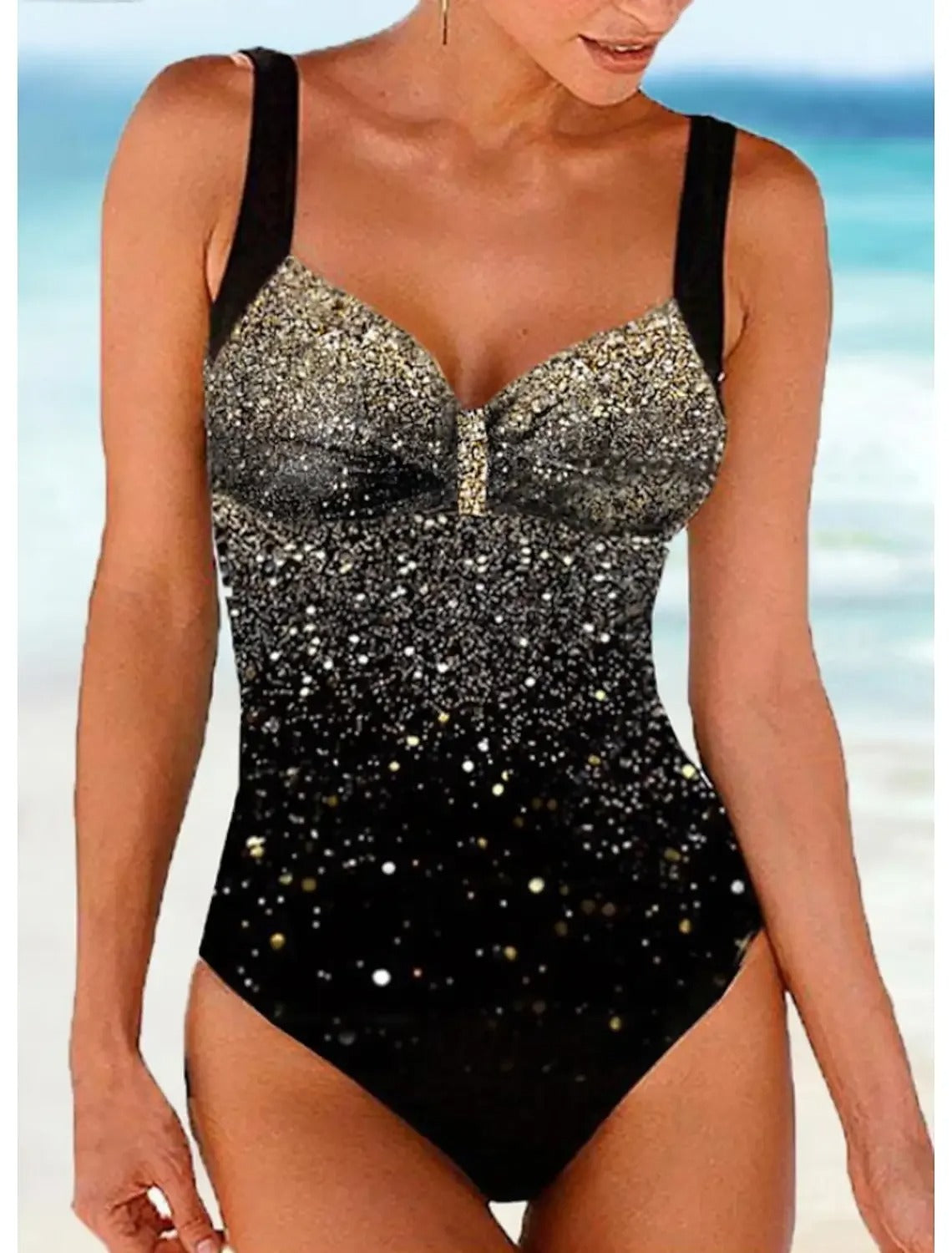 Swimsuit With Shoulder Strap And Sequin Print With Gradient