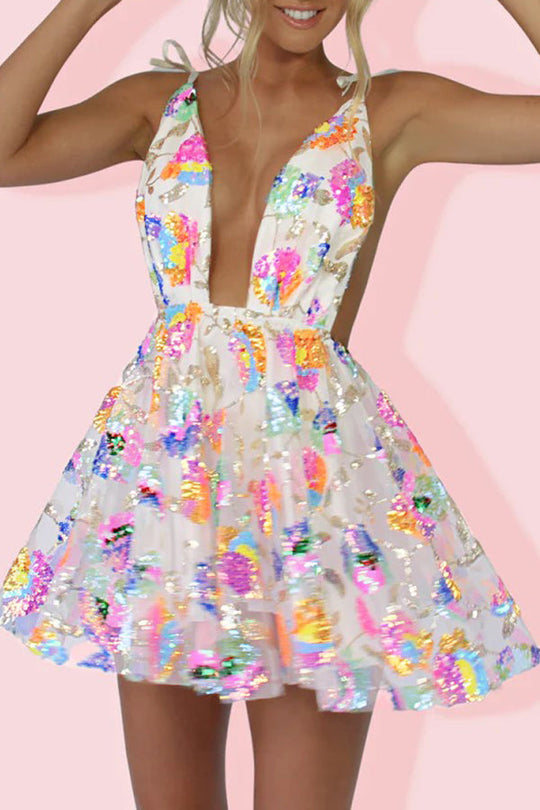 V-Neck Open Back Sequin Floral Tie A-Line Mini Dress