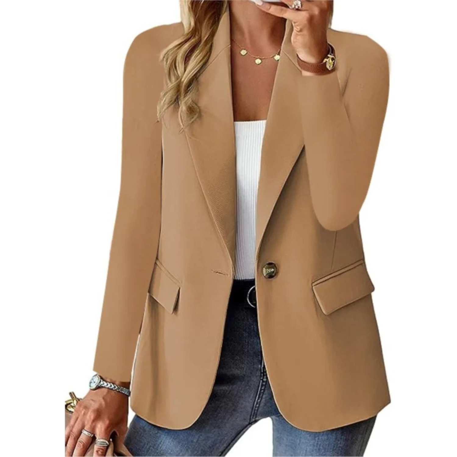 Solid Women's Blazer With Long Sleeves and Narrow Pocket Buckle