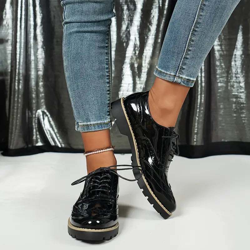 Patent Leather Oxford Style Shoes With Chunky Sole For Women