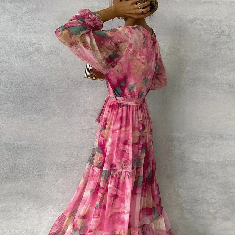 Elegant Long-sleeved Maxi Dress With Floral Pattern