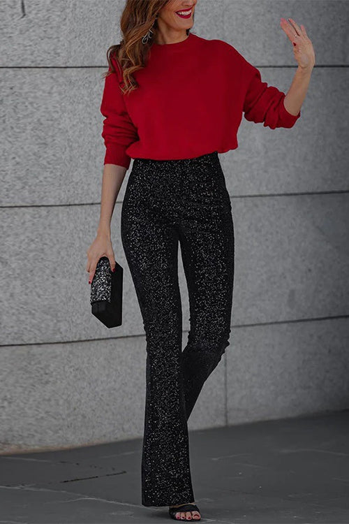 Elastic Waist Bell Bottoms Stretch Sequin Pants