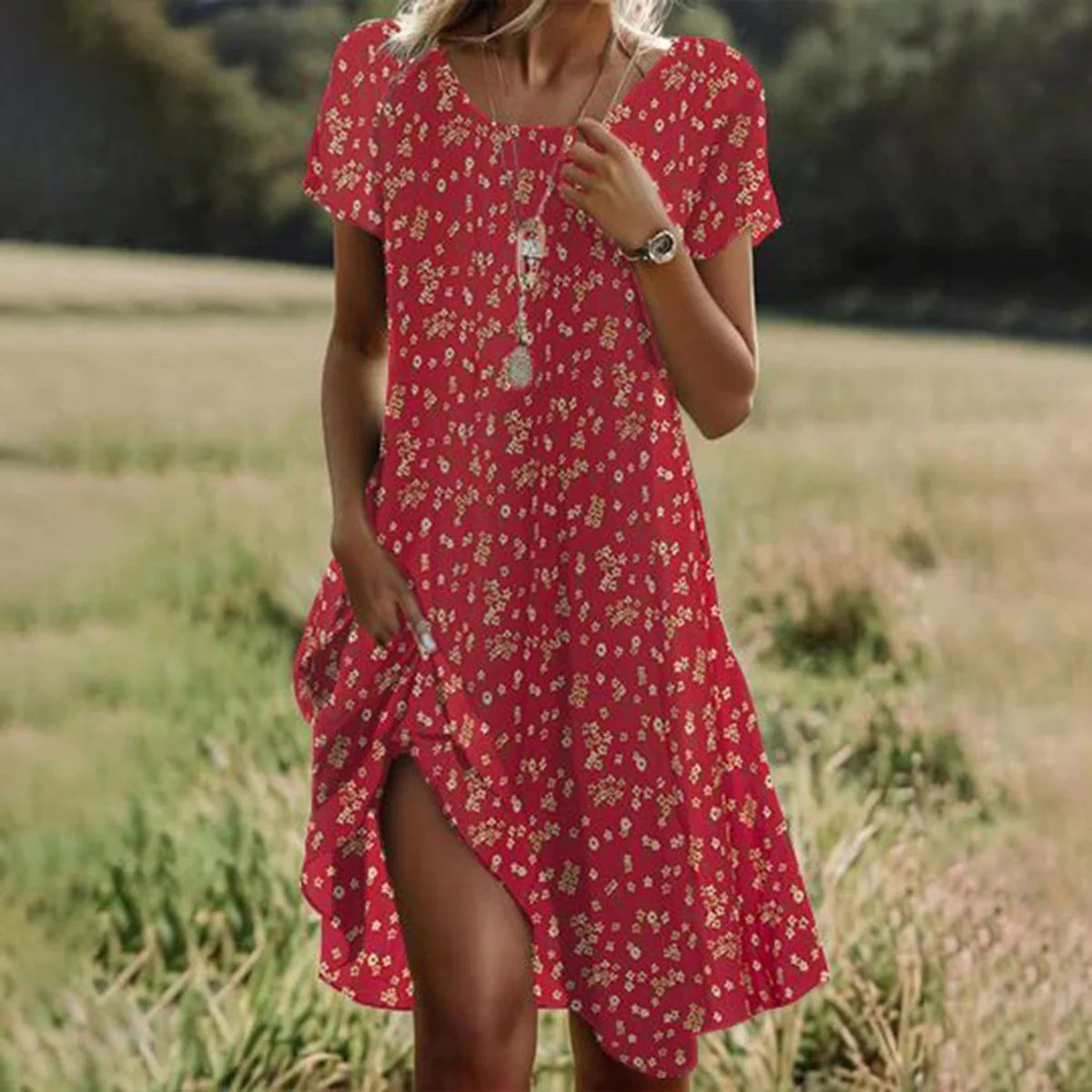 Short-sleeved Green Mini Dress With Dots