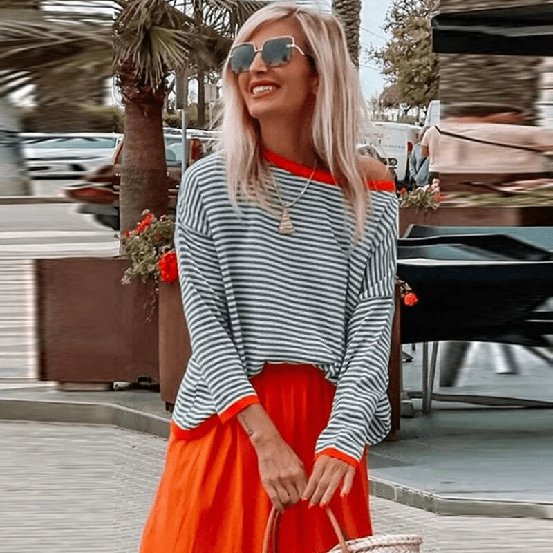 Lysse | Lavigne - Blue Striped Sweater With Orange Trim - Lysse - heidimode20250703