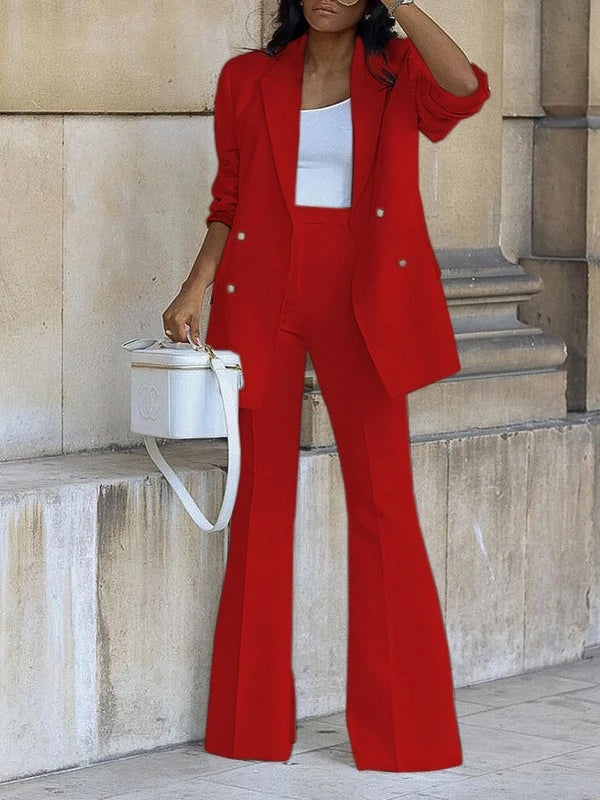 Women's Two-Piece Pantsuit Set, Office Blazer, Double-Breasted, Notched Collar, Long Sleeve, Elegant