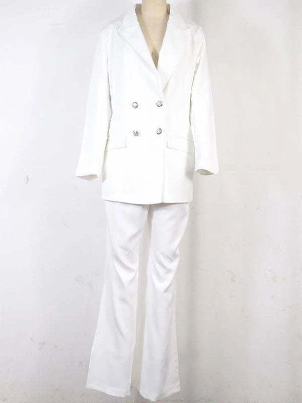 Women's Two-Piece Pantsuit Set, Office Blazer, Double-Breasted, Notched Collar, Long Sleeve, Elegant