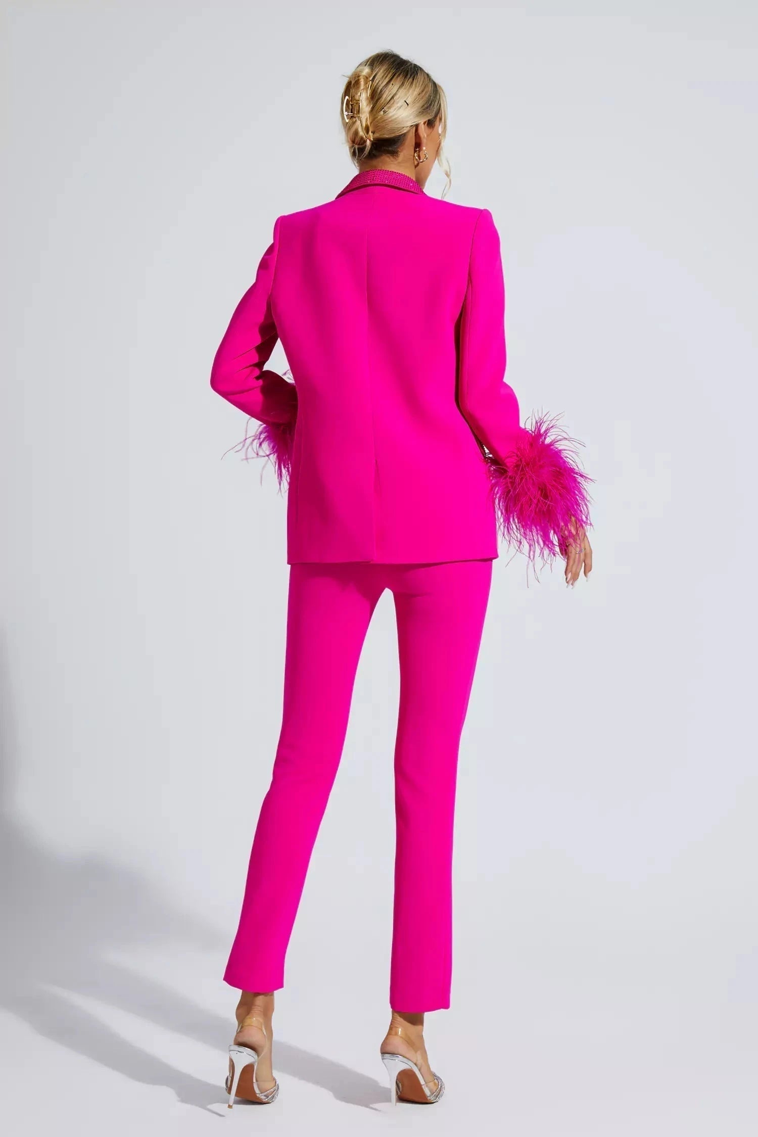 Blazer Set with Diamonds and Feather Accents