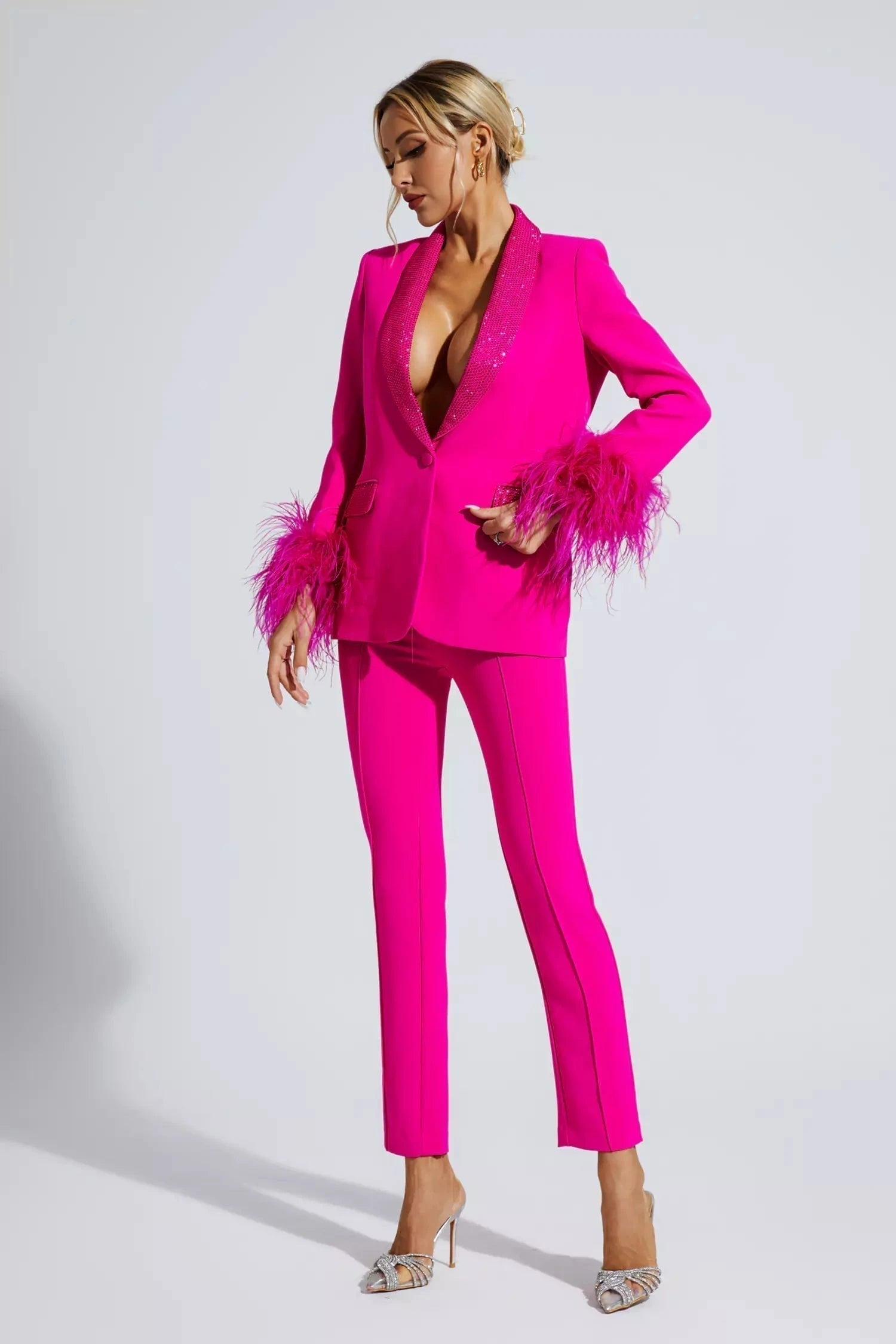 Blazer Set with Diamonds and Feather Accents