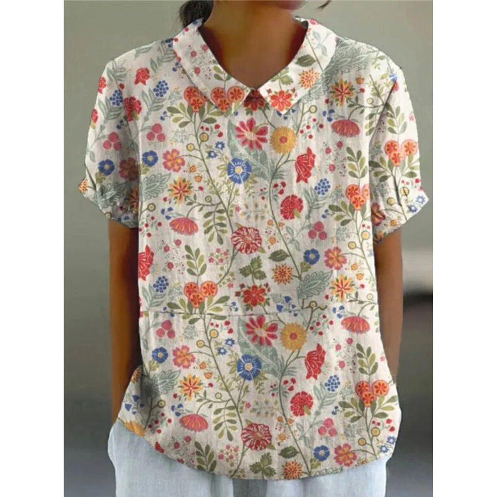 Linen blouse made of cotton with pastoral floral pattern