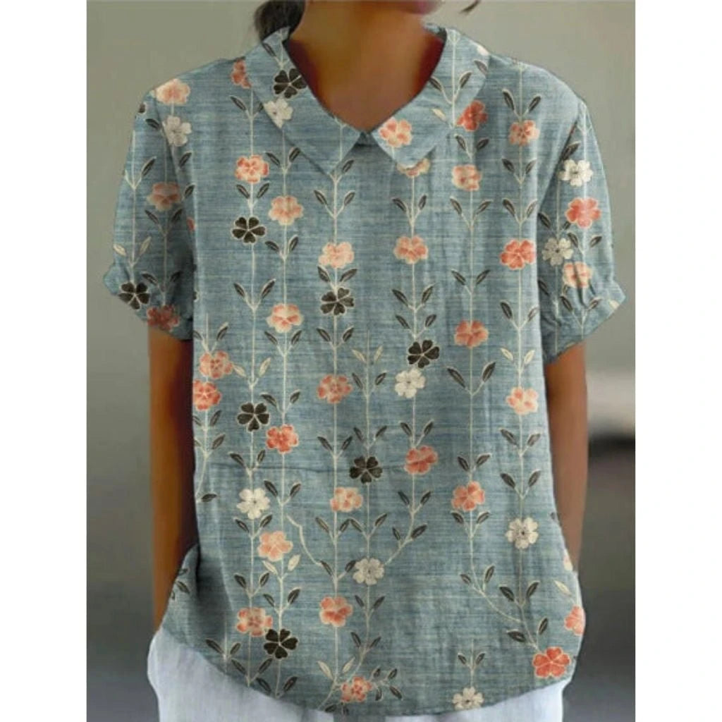 Linen blouse made of cotton with pastoral floral pattern