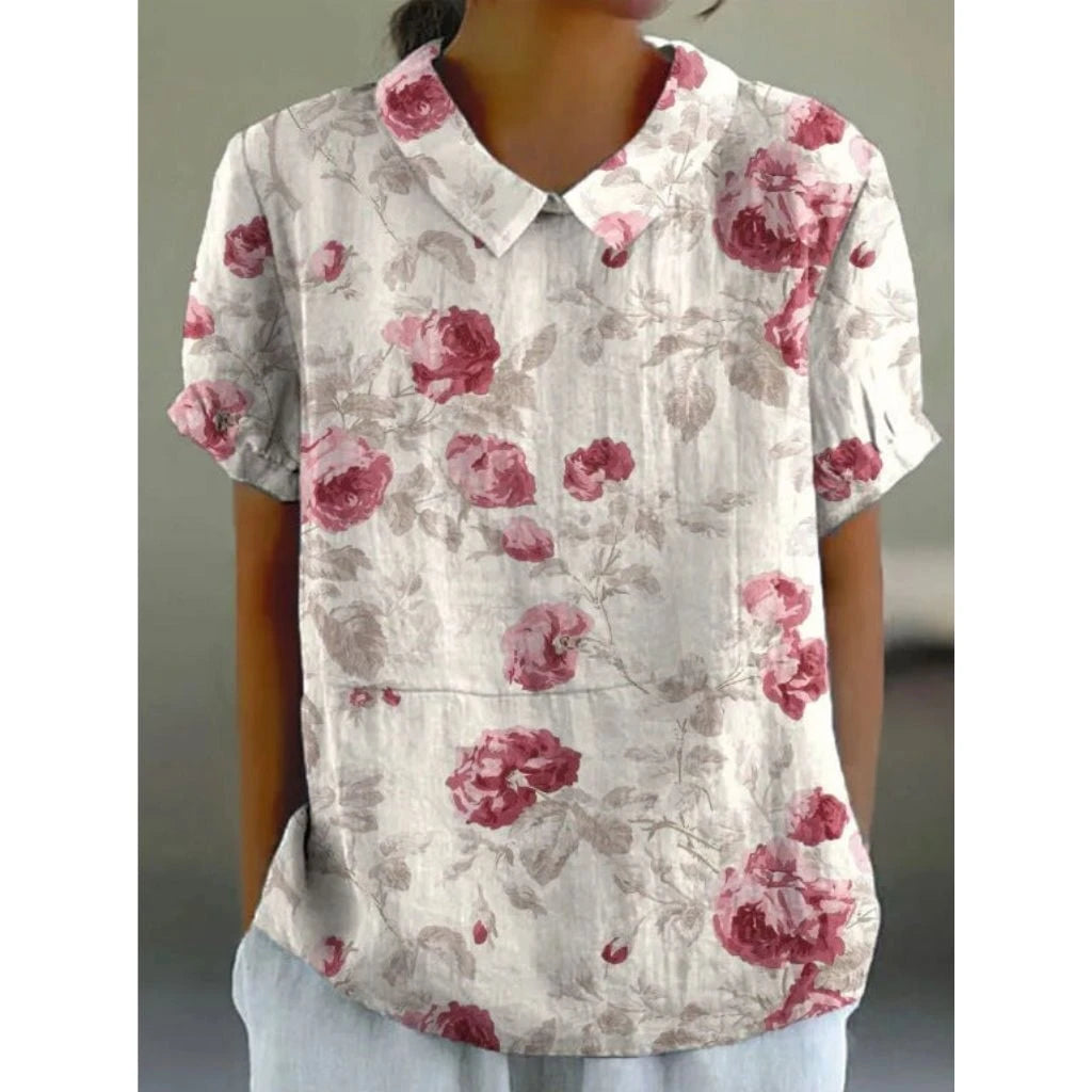 Linen blouse made of cotton with pastoral floral pattern