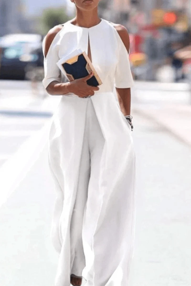 Casual jumpsuits with straight legs and open, round neckline