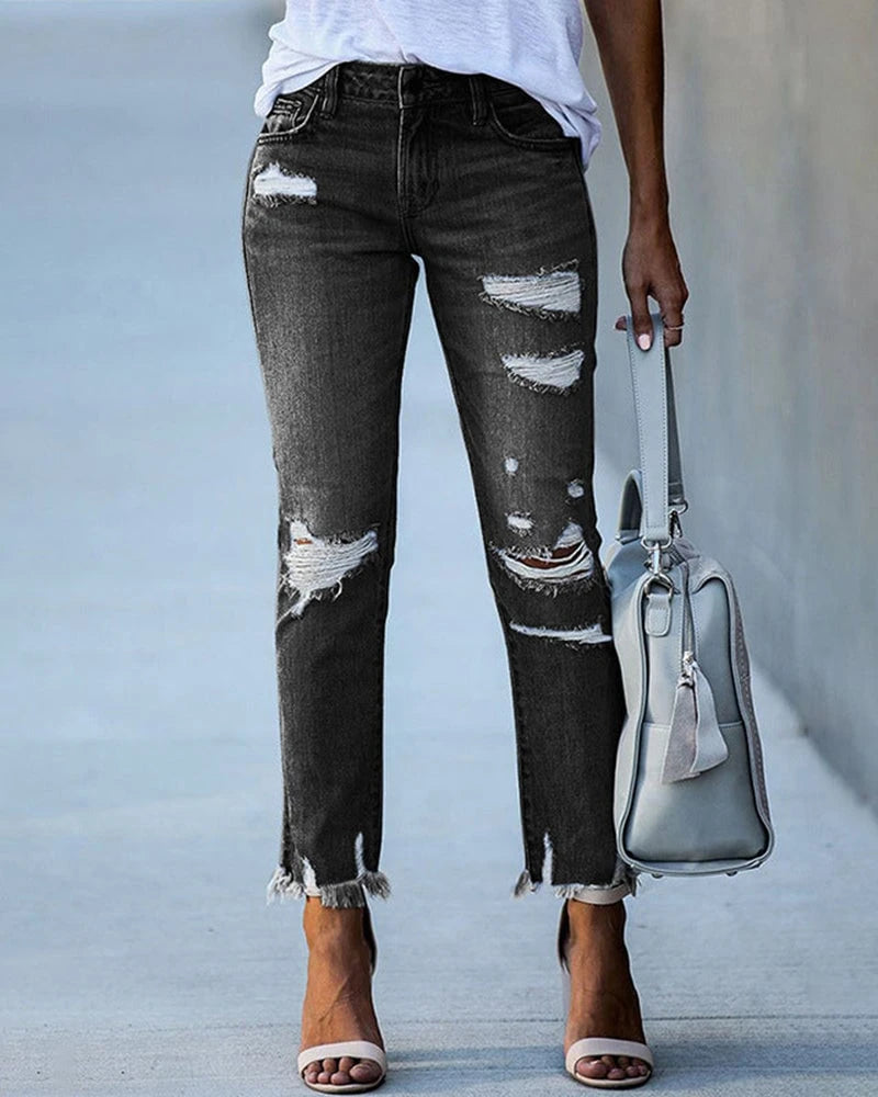 Women Chic Torned Jeans Denim