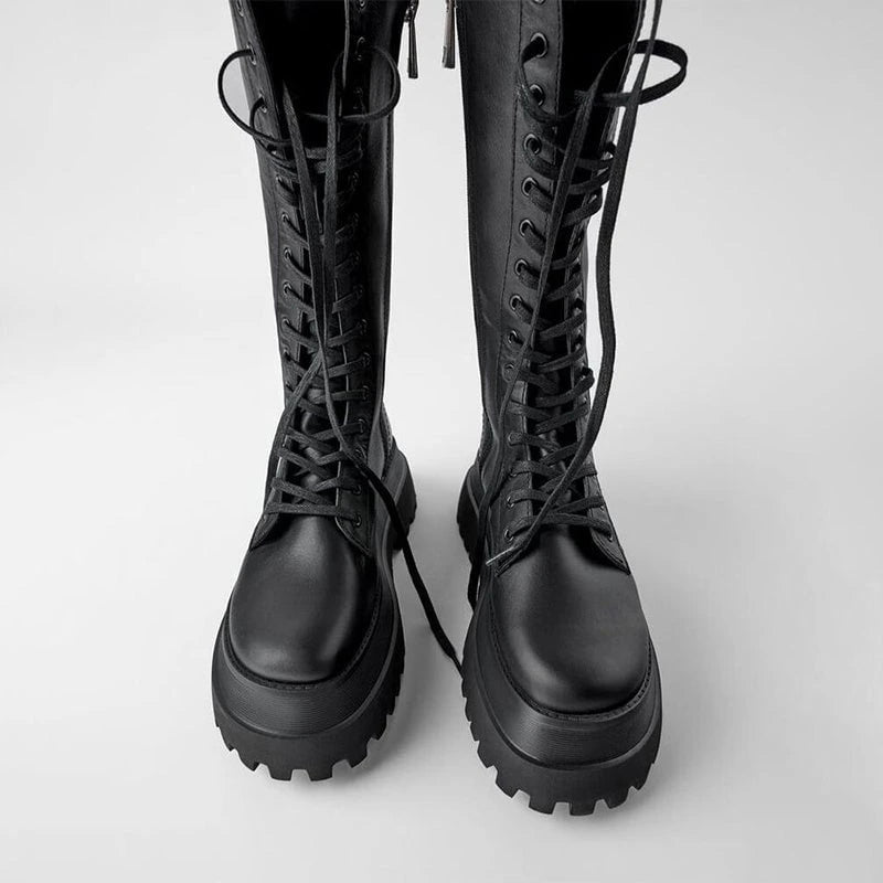 High boots women black with lacing track sole