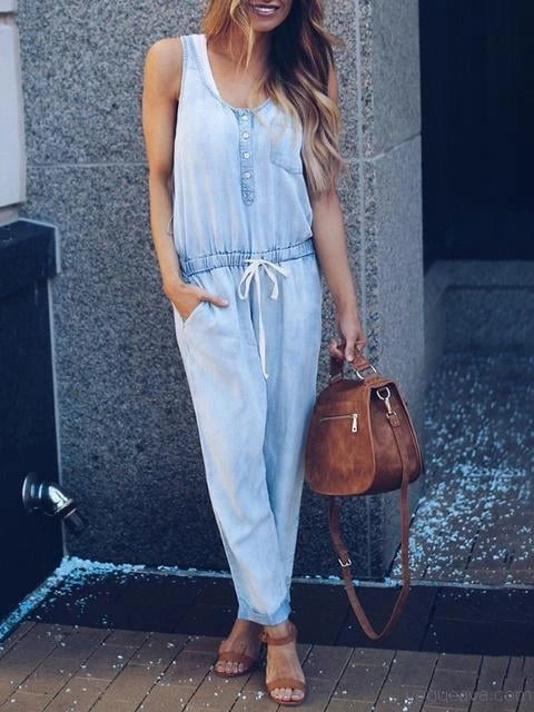 Slim Sleeveless Waist Denim Jumpsuit
