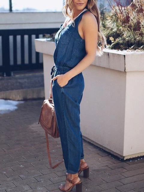 Slim Sleeveless Waist Denim Jumpsuit