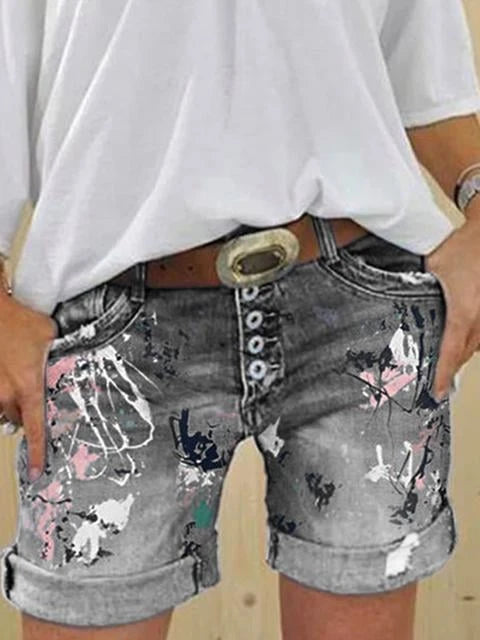 Multi Button Print Denim Shorts