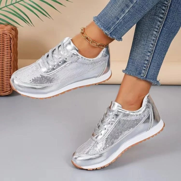 Women's fashionable sneakers with shimmering upper material and non-slip sole