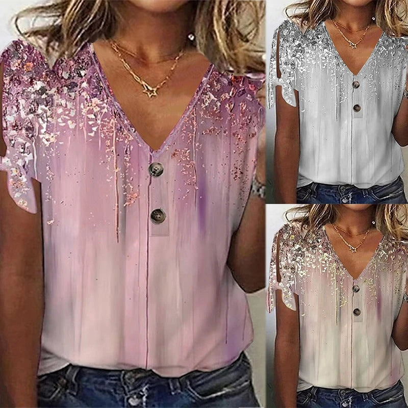 Women's V-neck blouse with decorative buttons and casual sleeves