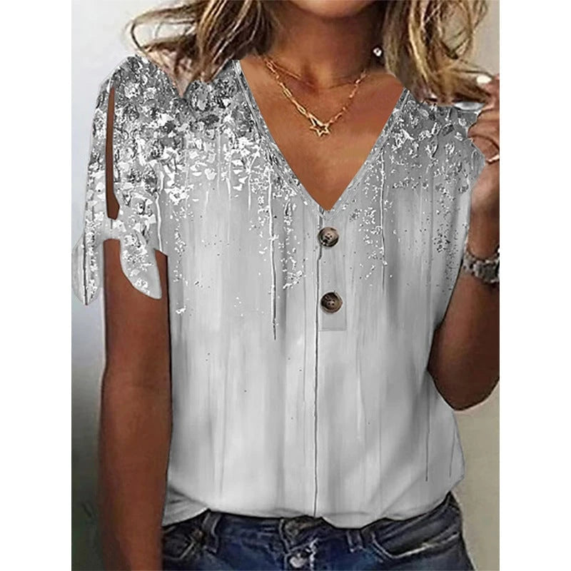 Women's V-neck blouse with decorative buttons and casual sleeves