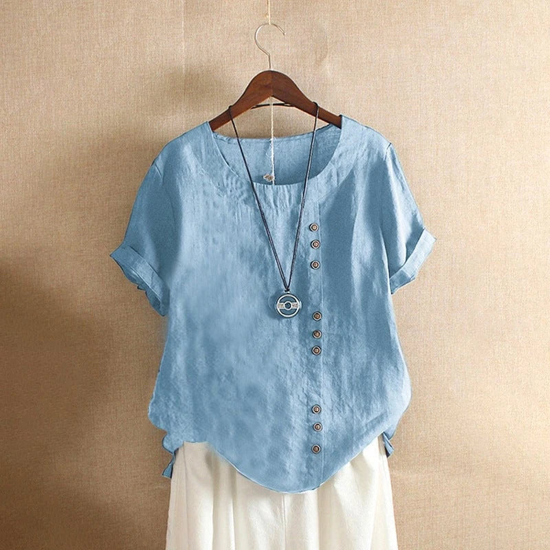 Women's casual linen blouse with convertible sleeves and button details