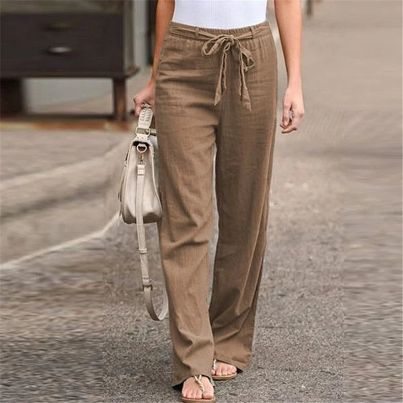 Women's comfortable linen pants with elastic waistband and adjustable tie belt