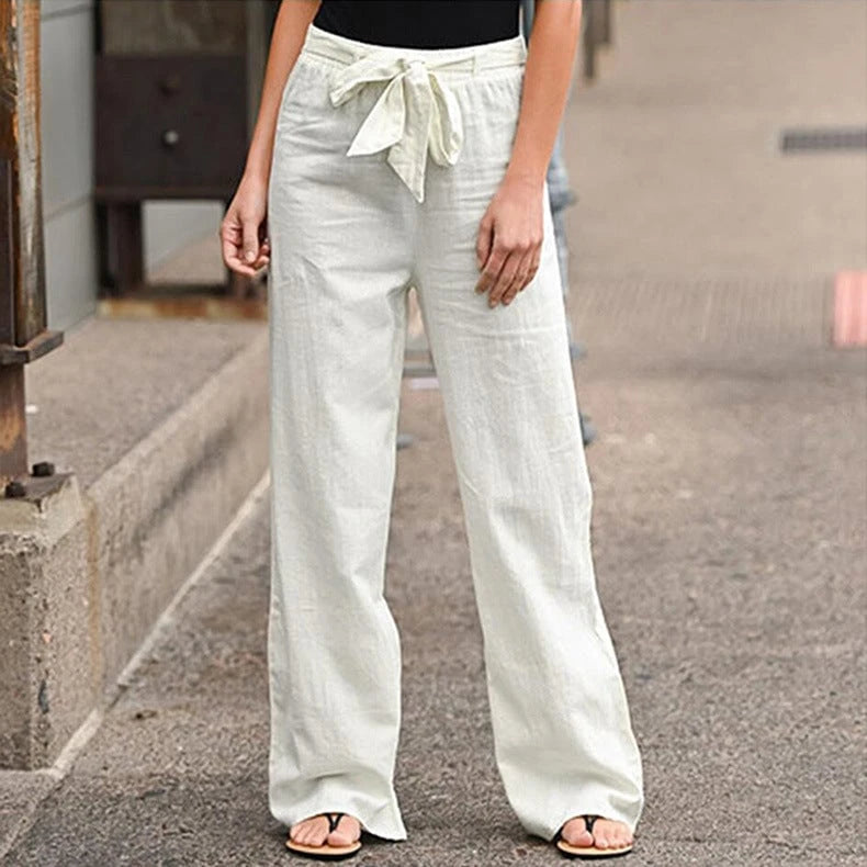Women's comfortable linen pants with elastic waistband and adjustable tie belt