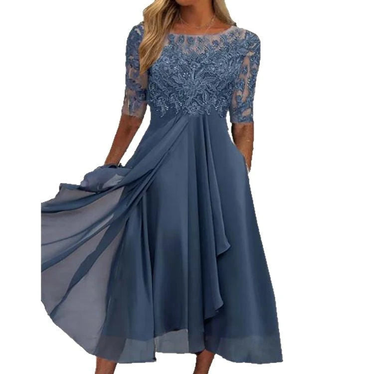 Women's elegant cocktail dress with floral lace top and flowing skirt