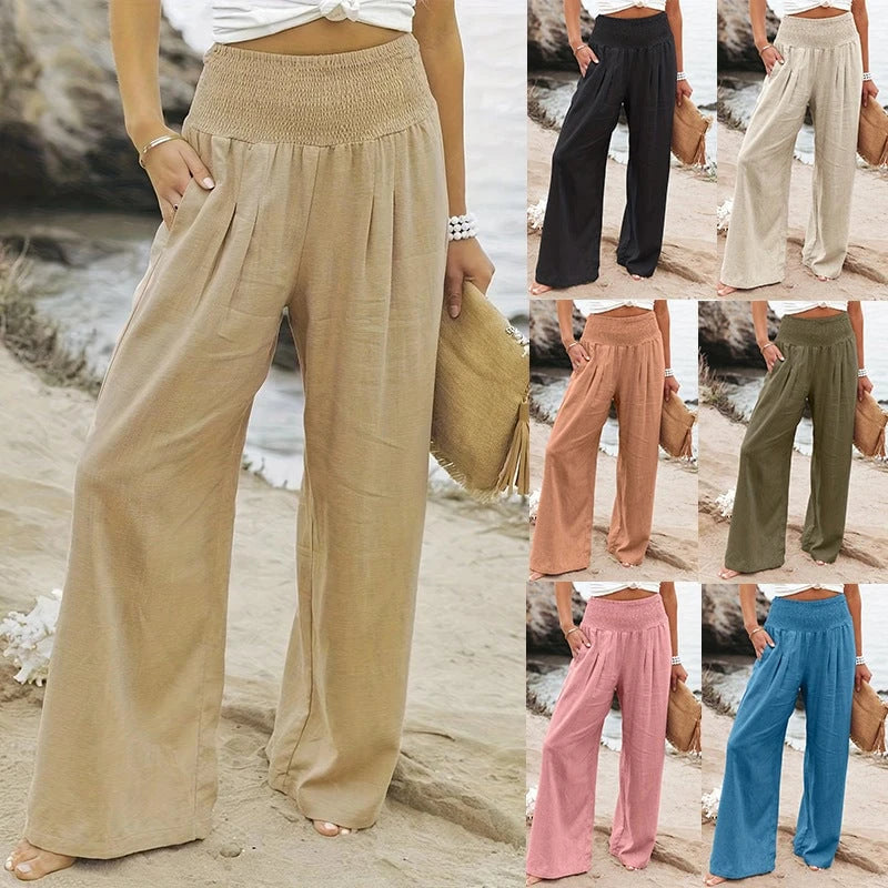 Ladies long, wide linen pants with elastic waistband