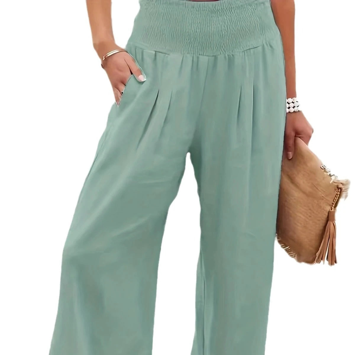Ladies long, wide linen pants with elastic waistband