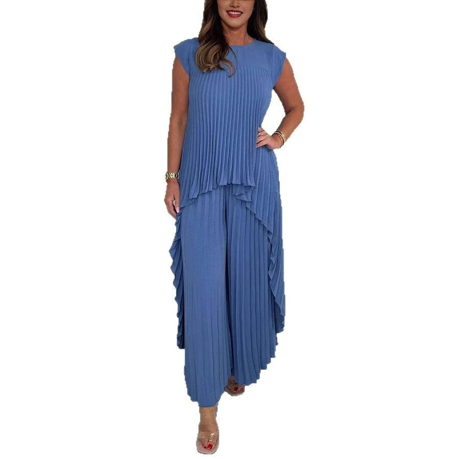 Women Pleated Jumpsuit with Flowing Cut and Asymmetrical Design