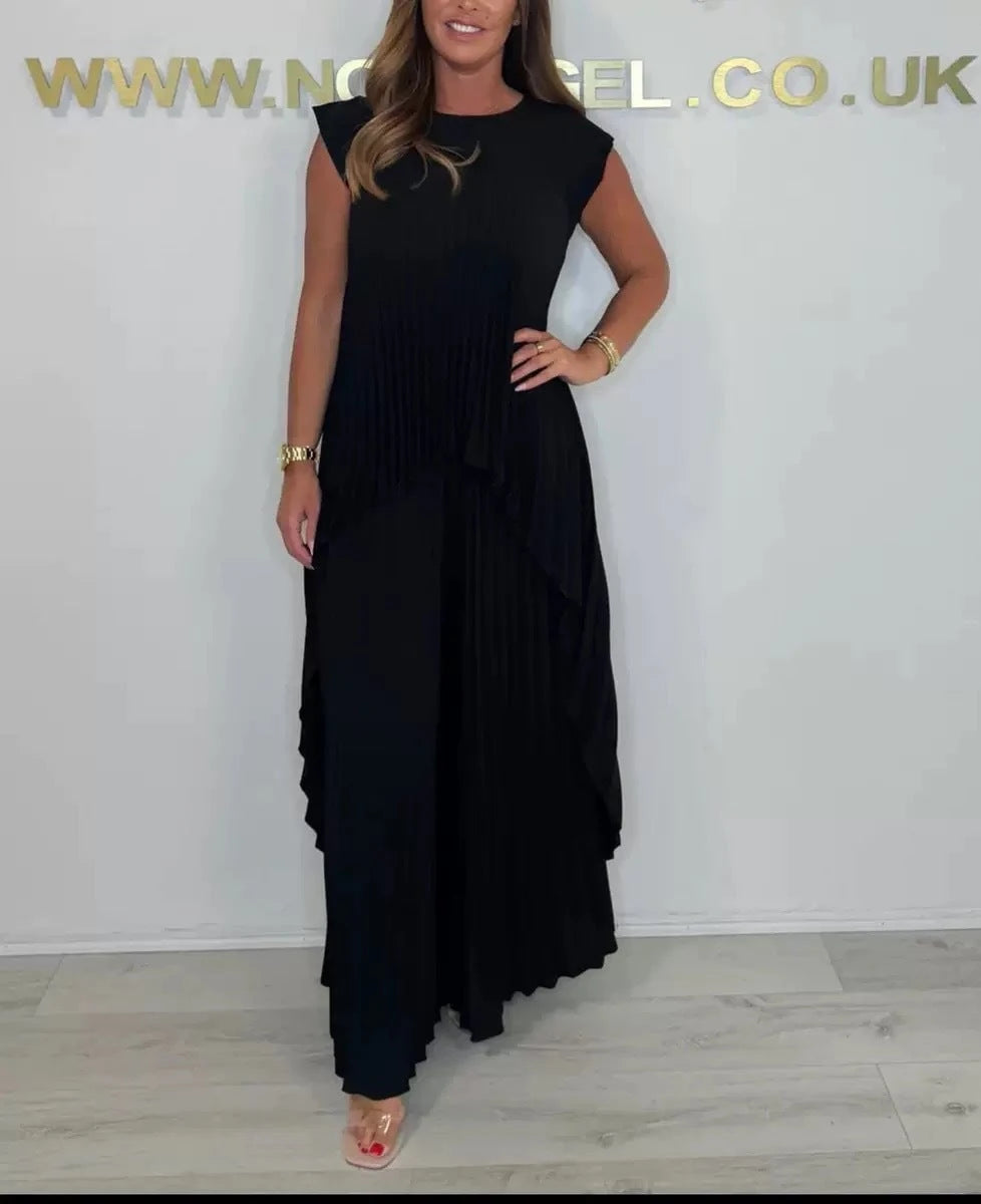 Women Pleated Jumpsuit with Flowing Cut and Asymmetrical Design