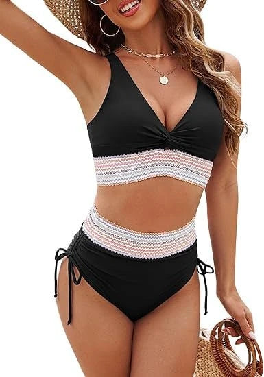 Women's High-Waisted Crop Bikini Set with Adjustable Straps